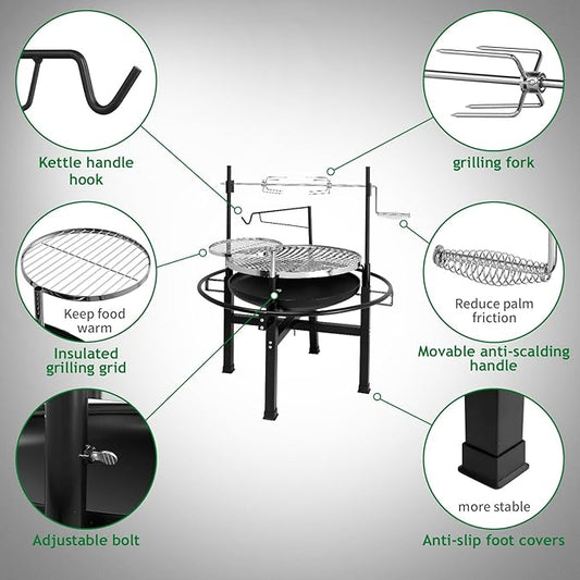 33 Inch Outdoor Wood Burning Fire Pit and Portable Charcoal Grill, with Swivel Cooking Grate & Removable Swivel Grill, 3 Levels Flame Control for Backyard Patio Picnic Camping BBQ