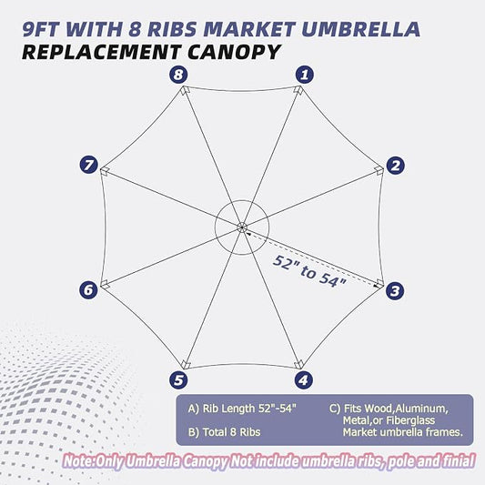 9ft Patio Umbrella Replacement Canopy,Outdoor Table Market Yard Umbrella Top Outdoor Umbrella Canopy with 8 Ribs