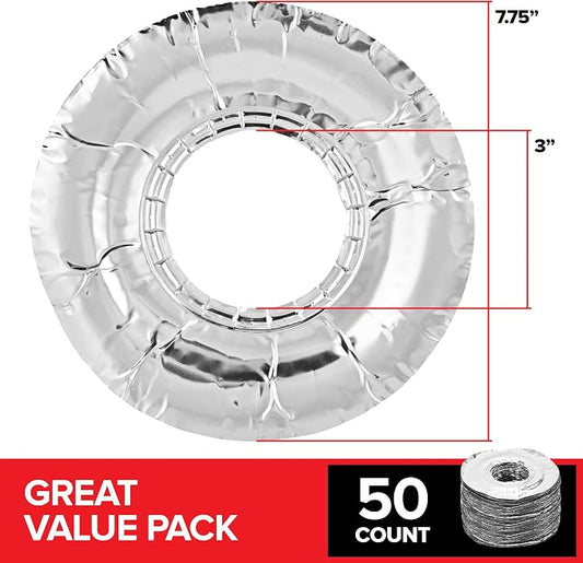 (50 Pack) Round Disposable Gas Burner Liners, Aluminum Foil Burner Covers for Gas Stove - 7.5 Inch Stove Liners for Gas Burners, Foil Liners to Catch Oil, Grease, and Food Spills, Stock Your Home