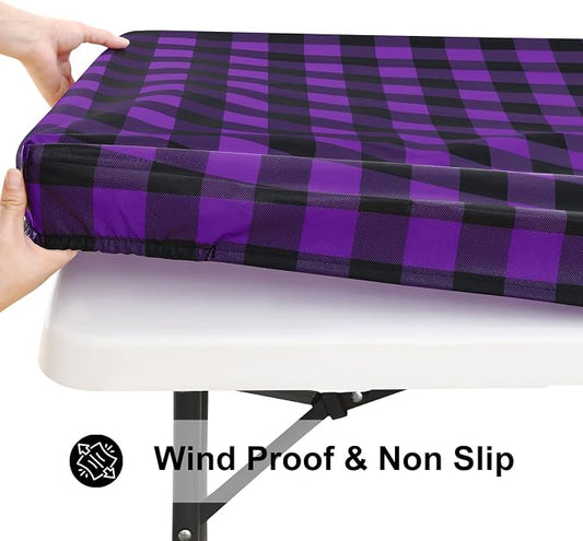 Smiry Rectangle Picnic Table Cloth, Elastic Waterproof Fitted Vinyl Tablecloths, Flannel Backed Buffalo Plaid Table Covers for Dining, Camping, Outdoor (Black and Purple, 30" x 48")