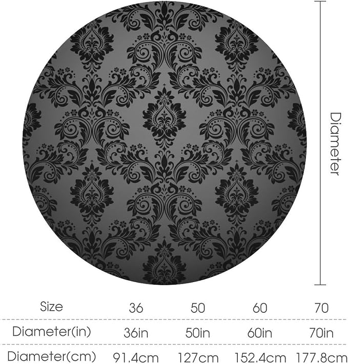 Gothic Black Damask Round Tablecloth, Vintage Floral Exotic Bohemian Antique Victorian Table Cloth Water Resistant Table Cover for Farmhouse Party Holiday Kitchen Dinner Table 70"