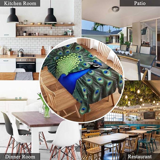 Swono Peacock Table Cloth Rectangle Tables Beautiful Bird Peacock Feathers Kitchen Table Cover Oblong 52"X70" Tablecloth for Dining Table Buffet Parties Patio and Camping, Green