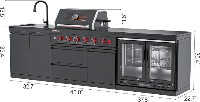SERA C 4-Burner Propane 3-Piece Modular Outdoor Kitchen Black Set | Black 304 stainless steel, 75,300 BTU + side, 115L double fridge, dual sink, soft-close, locking casters, patio backyard