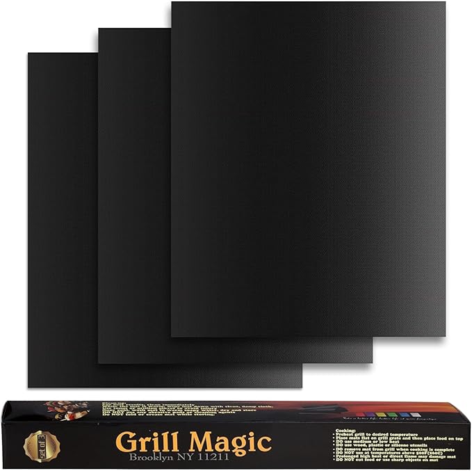 Grill Magic BBQ Grill Mat Set of 3-100% Nonstick Large Grilling Sheets - Heavy Duty Cooking Mats for Outdoor Grill Charcoal, Gas or Electric - Reusable, Extra Thick and Easy to Clean - 15.75 x 13