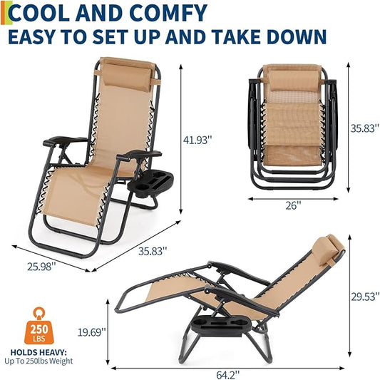 Garvee Camping Chairs Set of 2, Patio Lounge Chair Outdoor with Pillows & Cup Holder Trays, Adjustable Folding Patio Lawn Chair for Deck,Beach, Yard Khaki