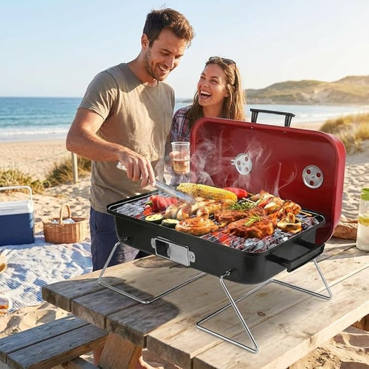 Portable Charcoal Grill, Outdoor Tabletop BBQ Grill, Compact Folding Barbecue Smoker with Lid for Backyard Camping Picnics Beach, Small Charcoal Grill with Ventilated Cooking Chamb