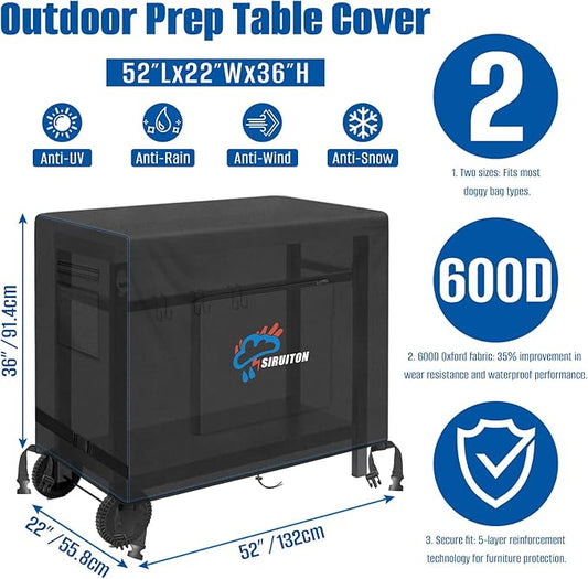 SIRUITON Outdoor Bar Cart Cover for 52 Inch BBQ Food Prep Table, Heavy Duty 600D Oxford Fabric Outdoor Dining Cart/BBQ/Worktable Metal Movable Table Waterproof Cover