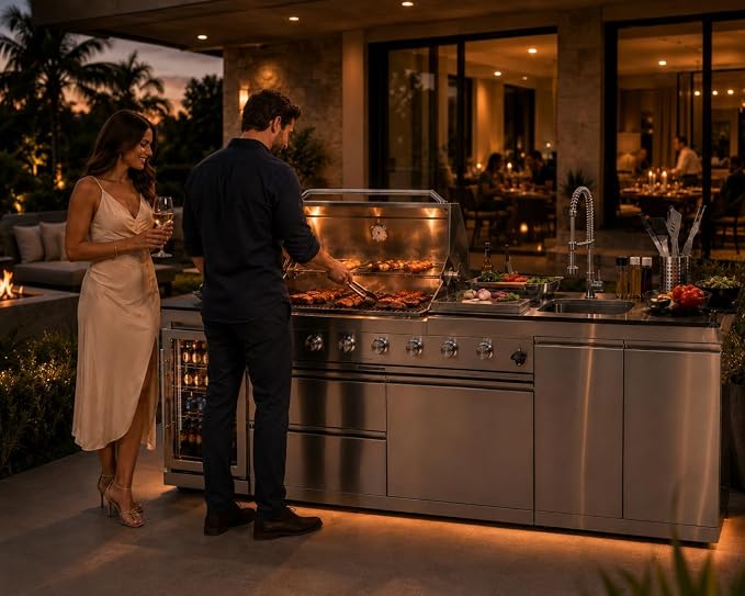 98" Outdoor Kitchen Island with 6-Burner Propane Grill, 72,000 BTU Stainless Steel BBQ Station with Refrigerator, Sink, Side & Rear Burners, Rotisserie, Granite Countertop and Storage, Silver
