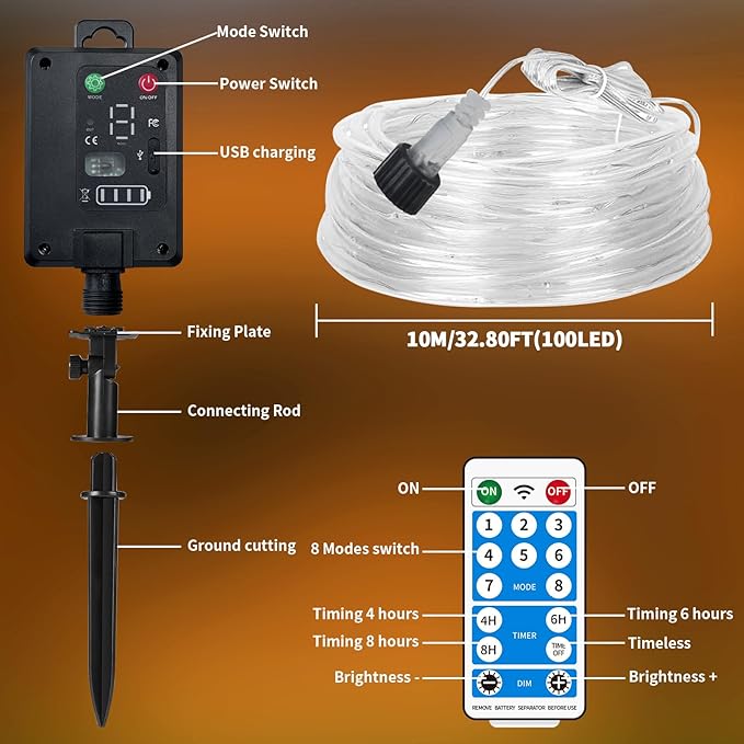 LairtPOW Solar Rope Lights with Remote,39FT 100LEDs Outdoor Solar Strip Lights,IP67 Waterproof USB Charging Solar String Lights, Timing & 8 Modes Larger Tube Fairy Light for Garden Tree (Warm White)