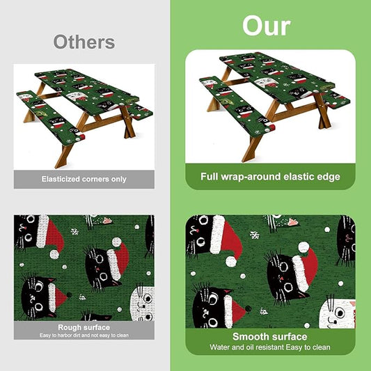 Christmas Picnic Table cover with Bench Cover, Outdoor Picnic Table Elastic Tablecloth, Christmas Hat Green Cat Design, Camping, Barbecue and Holiday Party Tablecloth