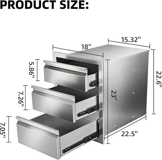 Outdoor Kitchen Drawers 18" x 23" x 23" Stainless Steel Triple Drawer Cabinet, Flush Mount Modular Storage for BBQ Islands & Patios