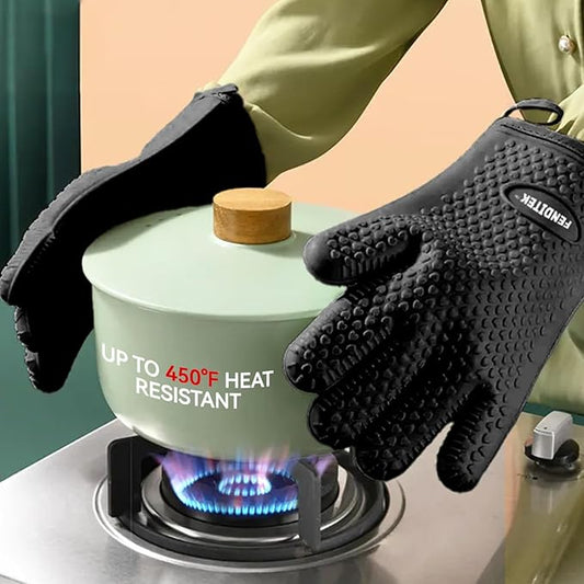 Silicone BBQ Cooking Gloves with Meat Smoker Guide,Heat Resistant Oven Mitts with Fingers,Long Protective Cotton Lined Barbecue Grilling Gloves 1 Pair for Kitchen, Cooking, and Baking Gifts (Black)