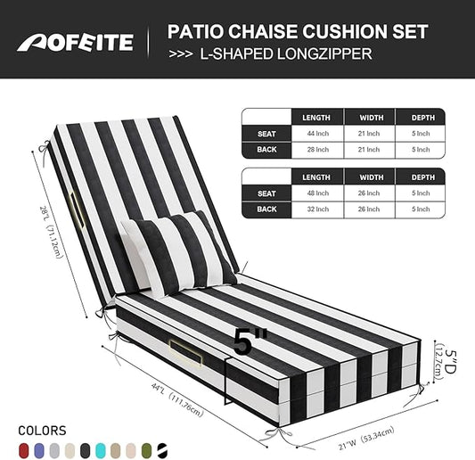 Outdoor Water-Resistant Olefin Chaise Lounge Cushions with Pillow, Weather and Fade Resistant Patio Furniture Lounge Chair Cushion Ideal for Patio, Lawn, Garden, Pinto, 72" L x 21" W x 5" T