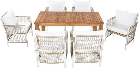 Merax 7 Piece Patio Dining Set, Outdoor Acacia Wood Rectangular Dinning Table with Sturdy Legs and 6 Rattan Arm Chairs w/Cousions & Pillows for Backyard,Balcony, Garden, Poolside, Natural