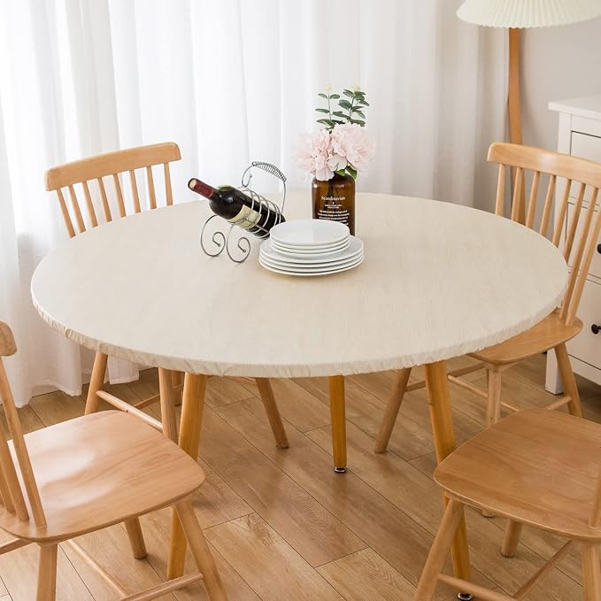 LIBERECOO Round Vinyl Fitted Tablecloth with Flannel Backing Elastic Edge Table Cover Waterproof Stain-Resistant Wipeable Tablecloths Fits 45-56" Round Tables