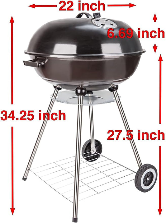 22 Inch Portable Charcoal Grill with Wheels for Outdoor Cooking Barbecue Camping BBQ Coal Kettle Grill - Heavy Duty Round with Thickened Grilling Bowl Wheels for Small Patio Backyard