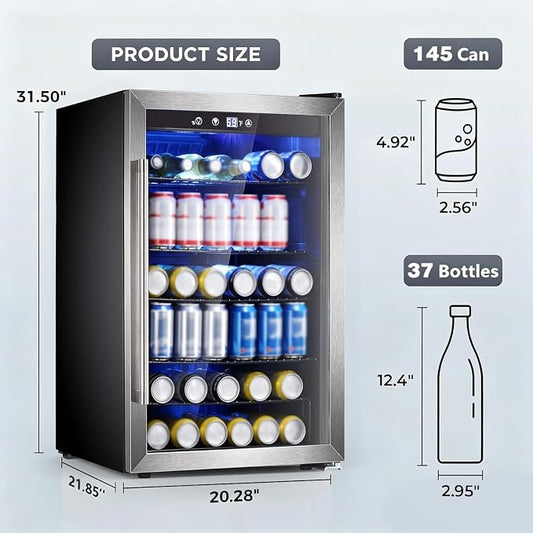 Electactic Wine Cooler 37 Bottle Freestanding Fridge with Stainless Steel Reversible Glass Door, 145 Can Beverage Refrigerator Quiet Compressor for Home Kitchen Bar, 4.5 Cu.ft Silver
