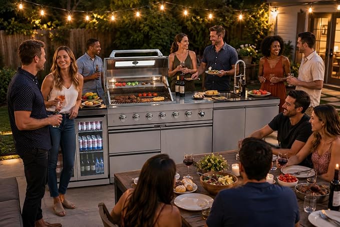 98" Outdoor Kitchen Island with Grill, Sink & Beverage Fridge, 72,000 BTU BBQ Grill Station for Backyard Entertaining, 304 Stainless Steel Patio Cooking Island with Rotisserie & Storage,Silver