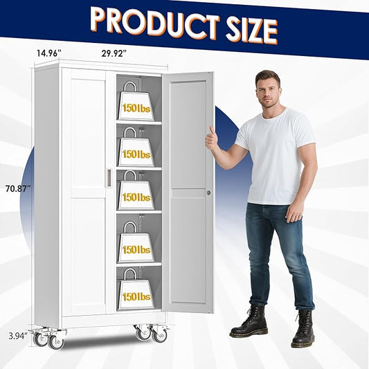 erosoei 71" H Metal Garage Storage Cabinet, Rolling Tool Cabinet with 2 Doors and Wheels, Locker Steel Cabinet with 4 Adjustable Shelves, Organization Cabinet for Garage,Office,Home,Gym,School๏ผWhite๏ผ