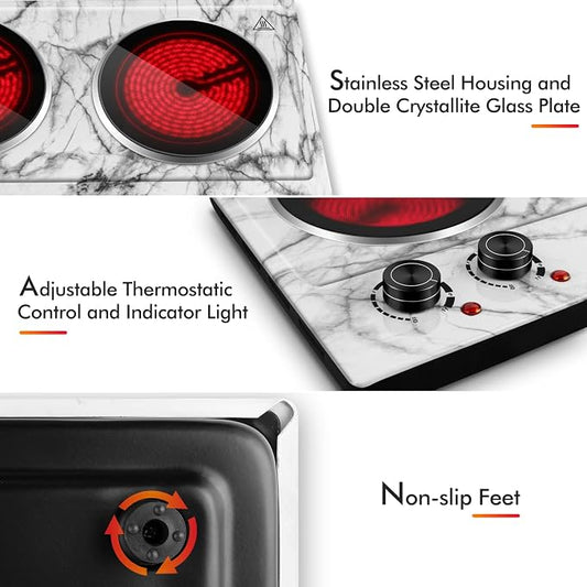 CUSIMAX Hot Plate, 1800W Double Burner Hot Plate for Cooking, White Marble | Portable Infrared Cooktop with Dual Temperature Control/Heat-up in Seconds/Overheating Protectio/Stainless Steel/Easy Cleanup