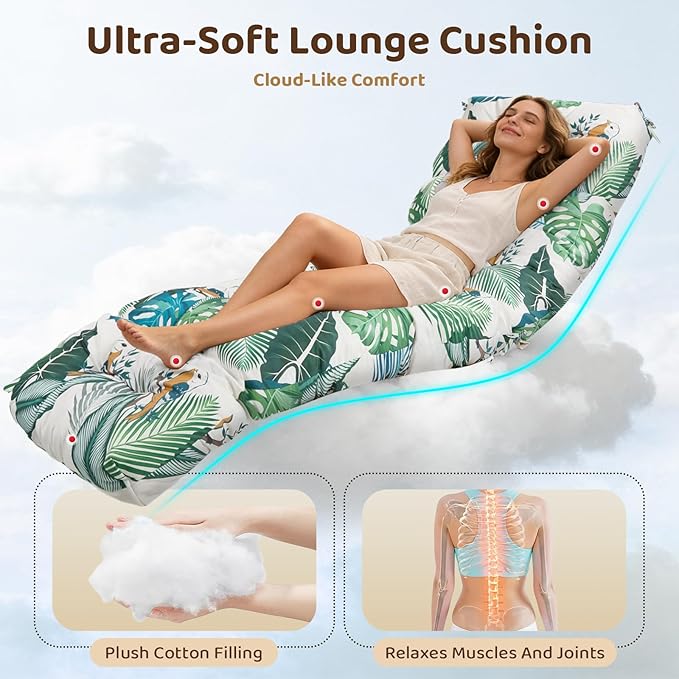 Waterproof Outdoor Chaise Lounge Chair Cushion 75.1 x 22 x 4.72 Inches UV Resistant Replacement Lounge Chair Cushions for Outdoor Furniture with Ties, Thickened Cotton Patio Pool Lounge Chair Cushions