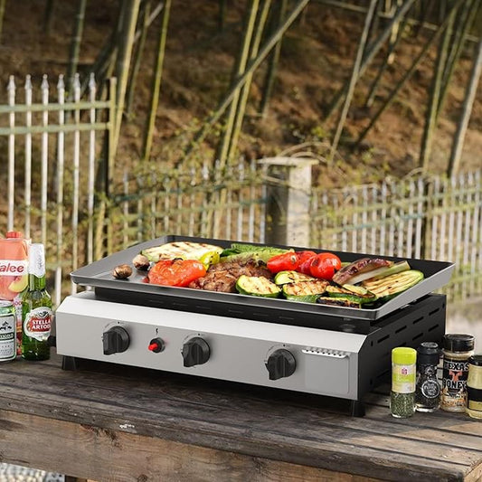 SKOK 3 Burner Outdoor Propane Griddle - 23.3 Inch, 30000 BTU, Portable Flat Top Gas Grill for Camping BBQ