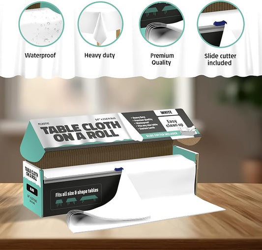 Tablecloth Roll – 54" X 110' White Premium Plastic Table Cloths with Cutter Box - Cut to Size - Decorative Rectangle Table Cover Smooth Tablecloth - Disposable Table Cloths for Parties, Weddings.