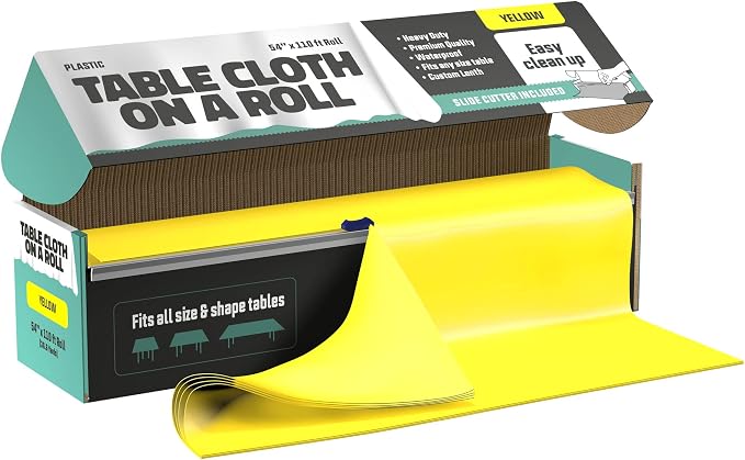 Tablecloth Roll – 54" X 110' Yellow Premium Plastic Table Cloths with Cutter Box - Cut to Size - Decorative Rectangle Table Cover Smooth Tablecloth - Disposable Table Cloths for Parties, Weddings.