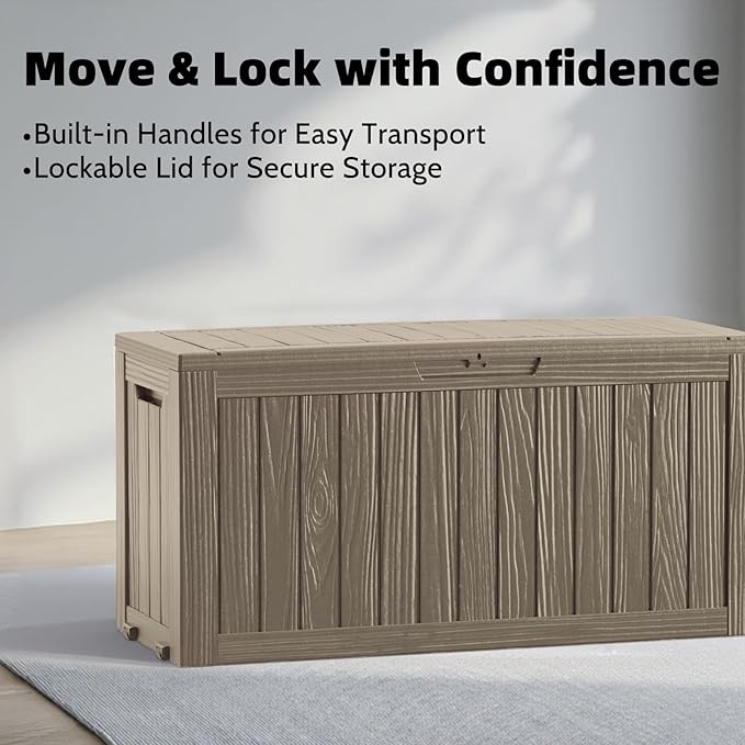 90 Gallon Deck Box Outdoor Storage Box Waterproof for Patio Furniture,Outdoor Cushions,Garden Tools and Pool Supplies,Lockable, Resin and Easy to Install Grey