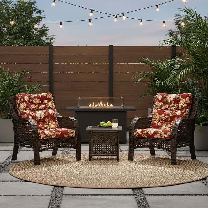 Outdoor Tufted High-Back Chair Cushions, One-Piece Hinged Seat and Back Design, Reversible with 4 Ties, Durable Polyester Fabric, Recycled Fiber Fill - Set of 2, Roma Floral