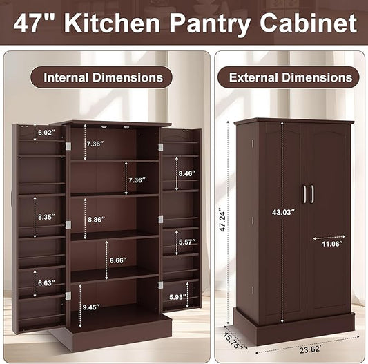 kepptory 47โ Pantry Cabinet, Kitchen Pantry Storage Cabinet with Doors & Adjustable Shelves, Brown Freestanding Buffet Cupboards Sideboard for Living Room and Dinning Room, Sturdy and Durable