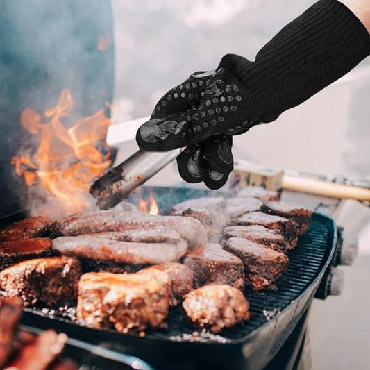 Heat Resistant BBQ Gloves, 1472°F Grilling Gloves with Silicone Non-Slip Grip, Long Cuff Oven Gloves for Barbecue, Cooking, Baking, Smoker, Fryer and Kitchen Use, 1 Pair (Black)