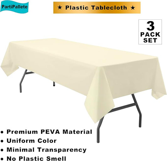 3-Pack Premium Plastic Ivory Tablecloth Disposable 54" x 108" Rectangle Cream Table Cover PEVA Party Milky Off White Table Cloths for Birthday Wedding Engagement Bridal Shower Banquet
