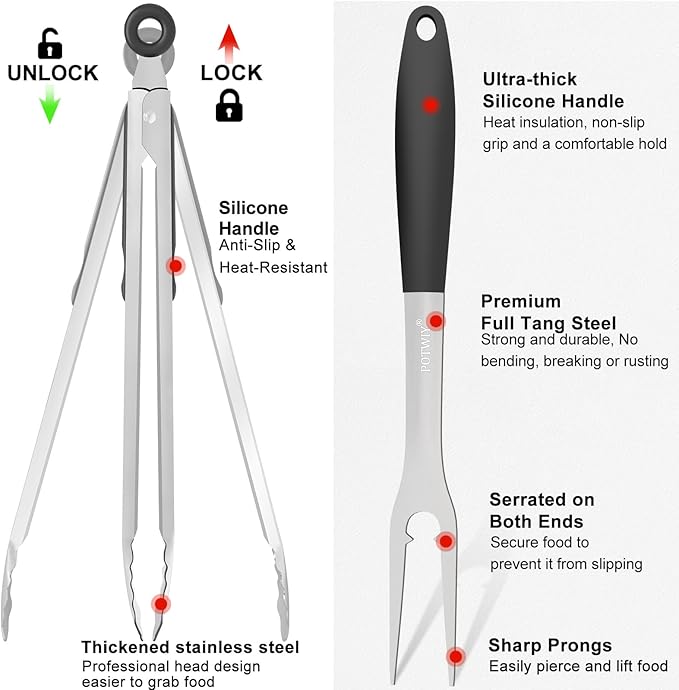 15.8" Heavy Duty Grill Set - Stainless Steel BBQ Tools with Spatula, Tongs & Fork, Professional Grilling Gifts for Men, Outdoor Barbecue Tool Set