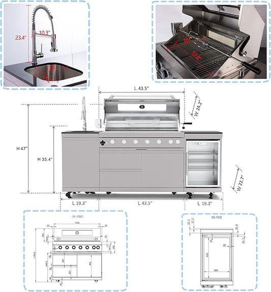 Outdoor Kitchen Island, 82 Inch 6 Burner Propane Gas Grill Combination With Refrigerator and Sink, Outdoor Stainless Steel Barbecue Bar, Propane Grill, 85000 BTU