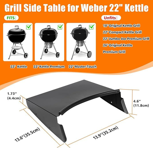 GRISUN Grill Table Shelf and Lid Holder for Weber Kettle Grills 22 Inches, Charcoal Grill Side Table Shelf and Slide a Side Lid Prop, Charcoal Grill Accessories for Weber, (Grill No Included)