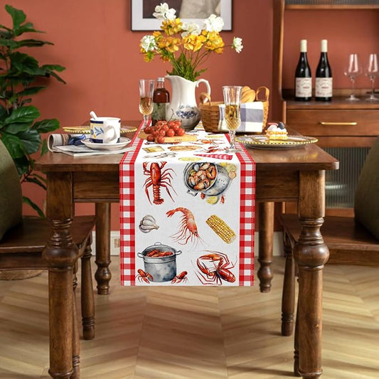Crawfish Boil Table Runner Buffalo Check Lobster Crab Seafood Boil Themed Birthday Party Decoration Dining Room Home Kitchen Decor (13" x 108")