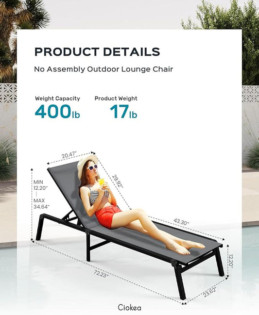 Ciokea Aluminum Chaise Lounge Ourdoor - Foldable & Assemble Free Outdoor Lounge Chair with 5 Adjustable Backrest, Patio Lounge Chair for Outside Poolside Beach Pool, Grey