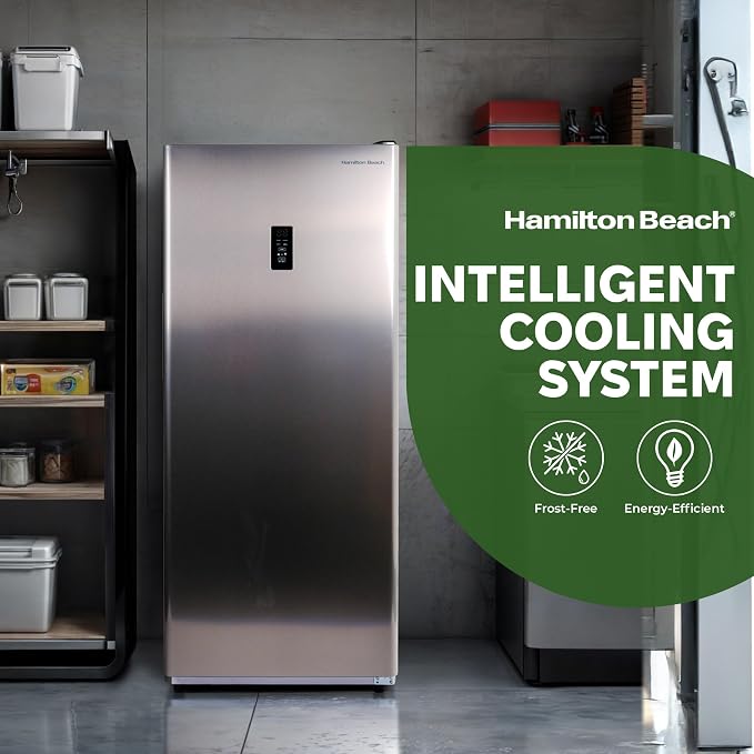 Hamilton Beach HBFRF1495 14 cu ft Upright Convertible Fridge/Freezer-Frost Free-Removable Glass Shelves-LED Interior Light, Stainless