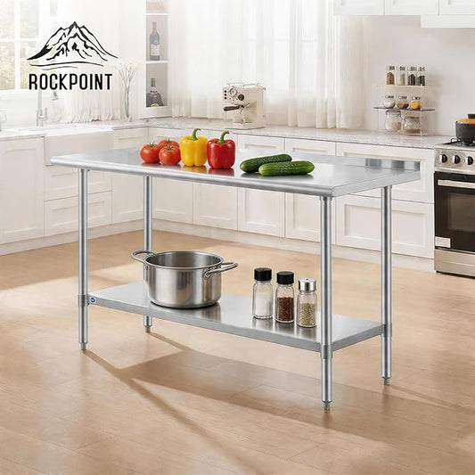 ROCKPOINT SS304 Top All Stainless Steel Table for Prep & Work with Backsplash 24x60 Inches, NSF Commercial Kitchen Heavy Duty Table with Adjustable Undershelf for Restaurant,Kitchen, Home and Hotel