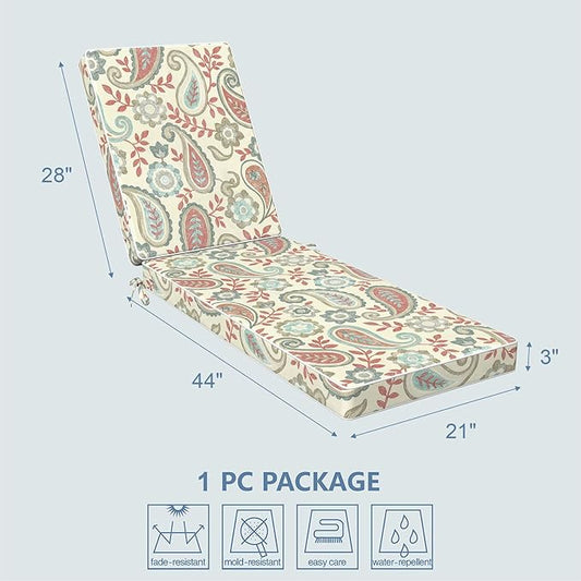 LVTXIII Outdoor Chaise Lounge Cushion 72x21x3 Inch, Water-Repellent Patio Seat Cushion with Ties & Hidden Zipper, Thick Foam Pad for Lawn Chair, Poolside, Patio Furniture, Paisley Vintage