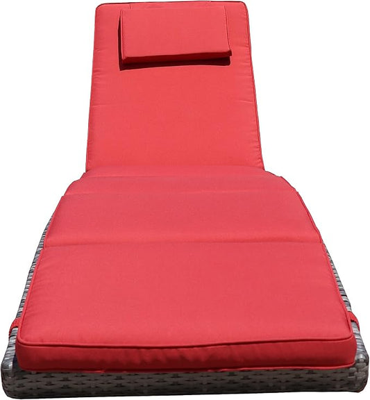 BTEXPERT Set of 2,Foldable Outdoor Chaise Pool Lounge Chair Folding Wicker Rattan Sun Bed Patio Couch Reclining Lounger Adjustable Padded Backrest Pillow Assembled - Red Burgundy