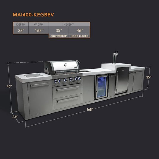 Mont Alpi Premium 168"W x 23"D x 55"H Stainless Steel Outdoor Kitchen Island with Refrigerator Faucet & Sink + 3-tap Kegerator Beer Dispenser + 32"W 4-Burner BBQ Grill + Granite Countertops + Storage