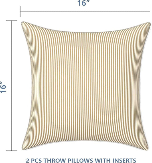LVTXIII Outdoor/Indoor Throw Pillows, Decorative Patio Accent Pillows, Fluffy Water Repellent Garden Cushions for Home Patio Coach Sofa Use, 16×16 Inch, Pack of 2, Strip Beige