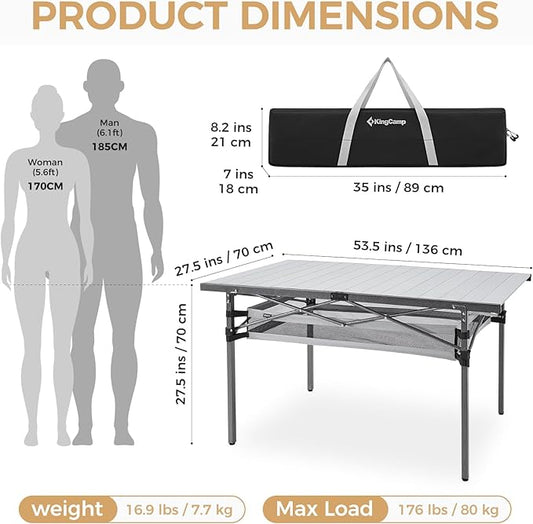 KingCamp Folding Camping Table, Aluminum Roll-Up Camp Table, Large Foldable Table for 6-8 Person, Outdoor Portable Tables with Carry Bag, 180 LBS Heavy Duty Load (Silver+Mesh:53.5" × 27.5")
