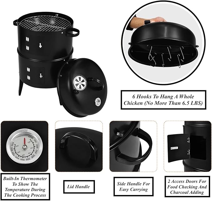 Portable 3 in 1 Vertical Charcoal Smoker BBQ Grill Roast Braise Fire Pit With 1 Charcoal Grill 2 Water And Fire Basins 2 Cooking Grills 6 Hooks Built-In Thermometer 2 Independent Detachable Layers