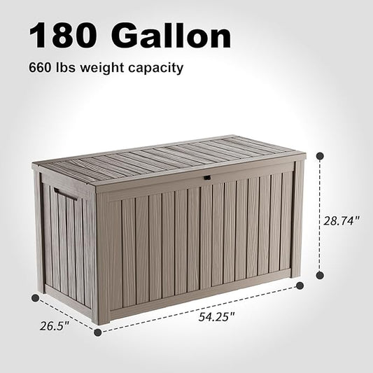 180 Gallon Large Outdoor Storage Box Waterproof, UV Resistant Resin Deck Box with Hydraulic Rod for Patio Furniture,Garden Tools,Cushions, Easy to Install(Grey)