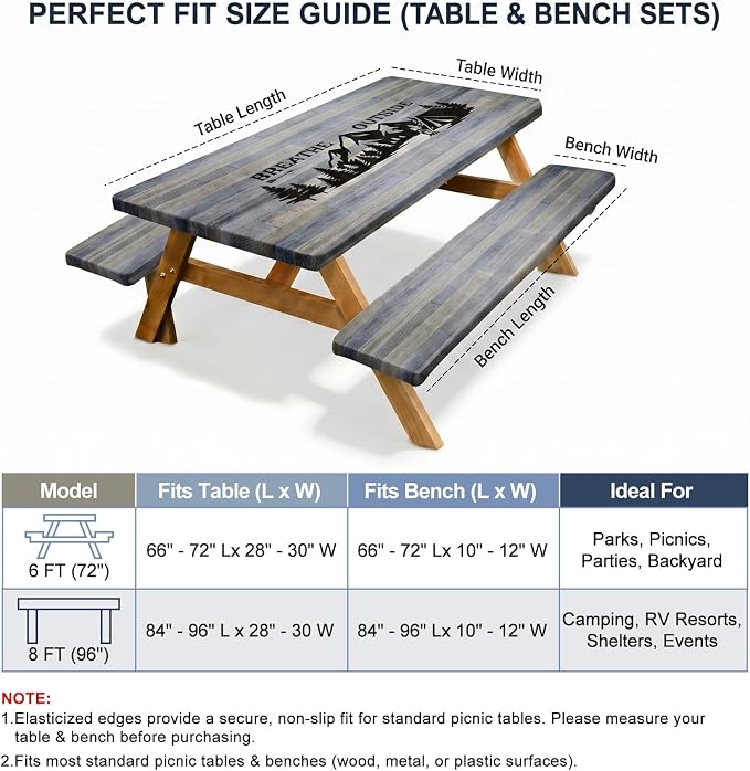 Picnic Table Cover with Bench Covers Windproof Waterproof Picnic Table Covers Camping Tablecloth with Self-Storage Bag, 72in, Gray Blue
