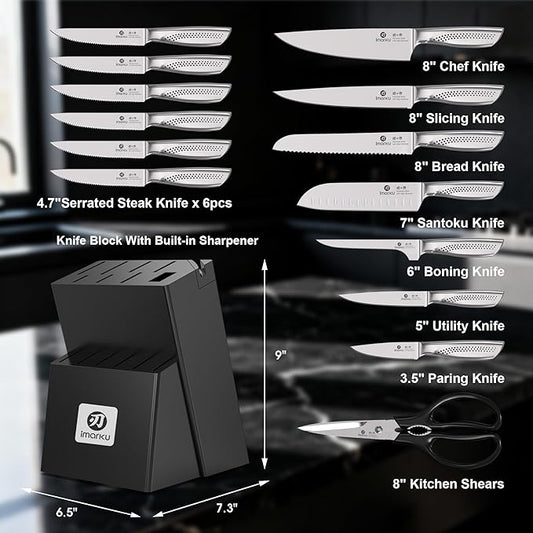 imarku 15-Piece Knife Set with Block, Sharp High Carbon Steel Knives, Built-in Sharpener for Easy Polishing, Ergonomic Non-Slip Comfort Grip, Dishwasher Safe, Durable Practical Tools Ideal for Cooks