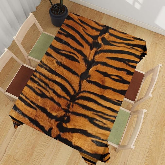 Tiger Print Decorative Rectangle Table Cloth Wildlife Tiger Skin Brown Black Rectangle Table Cover Anti-Oil Tablecloth for Dining Tables, Parties, Wedding and Banquet Decoration 52" x 70"